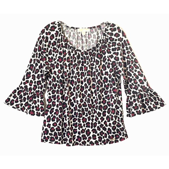 Michael Kors Tops - Michael Kors Animal Print Top Women Small Multicolor Burgundy Ruffle Sleeve Knit